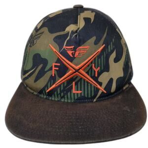 Fly Racing 5 Panel Hat Green Brown Camo OS Embroidered Flat Brim Adjustable Cap